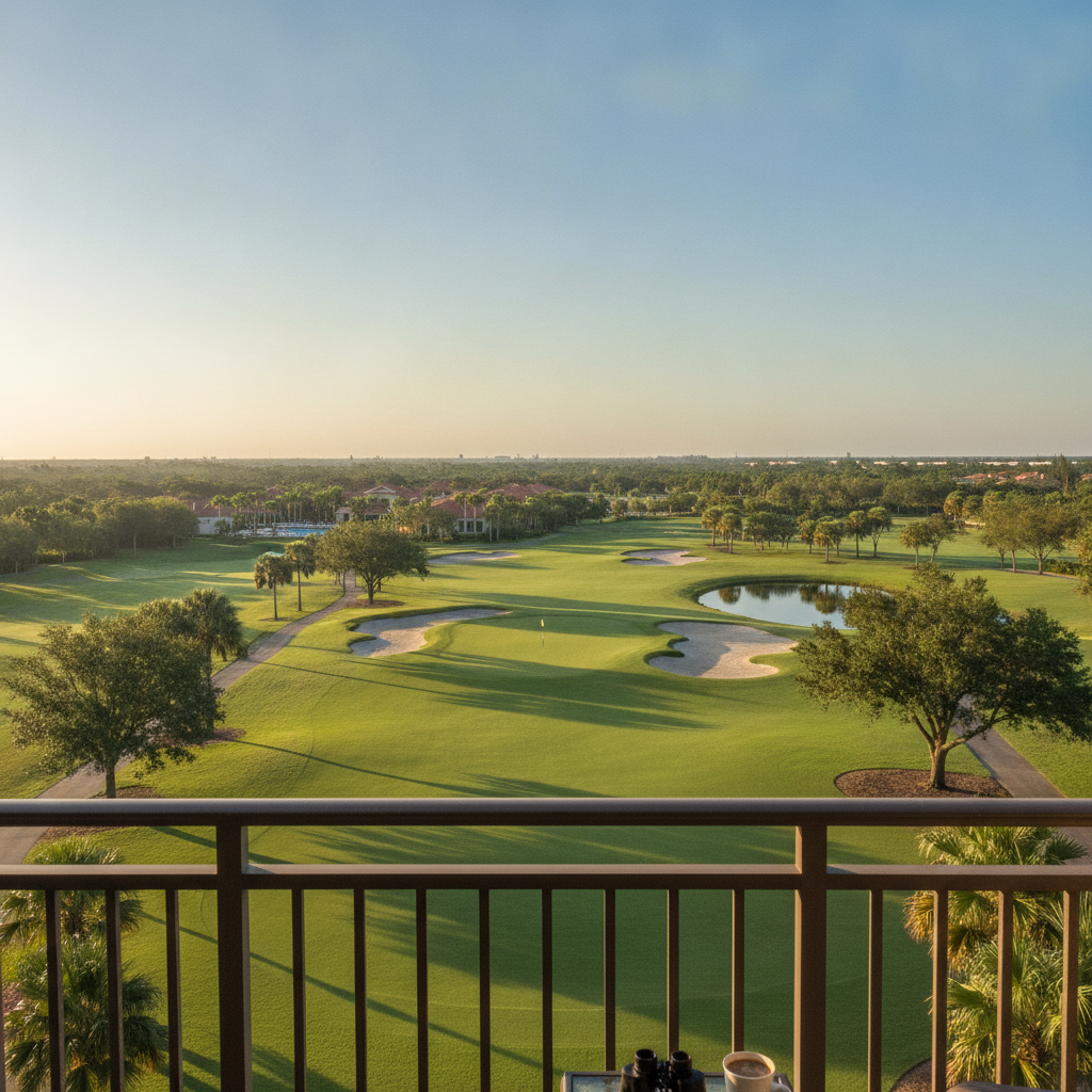 Fairway and green at Reunion Resort in Kissimmee, Florida, seen from a condo balcony on a clear morning
