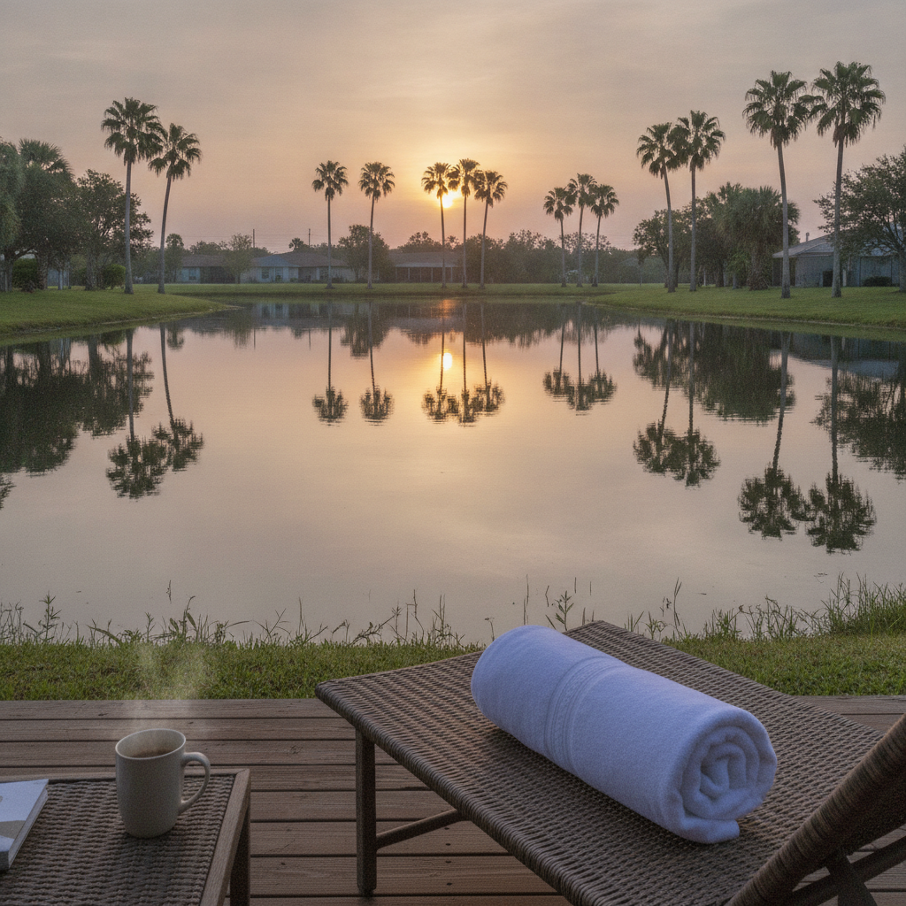 Single-storey Kissimmee vacation home with screened private pool and patio furniture under a January morning sky