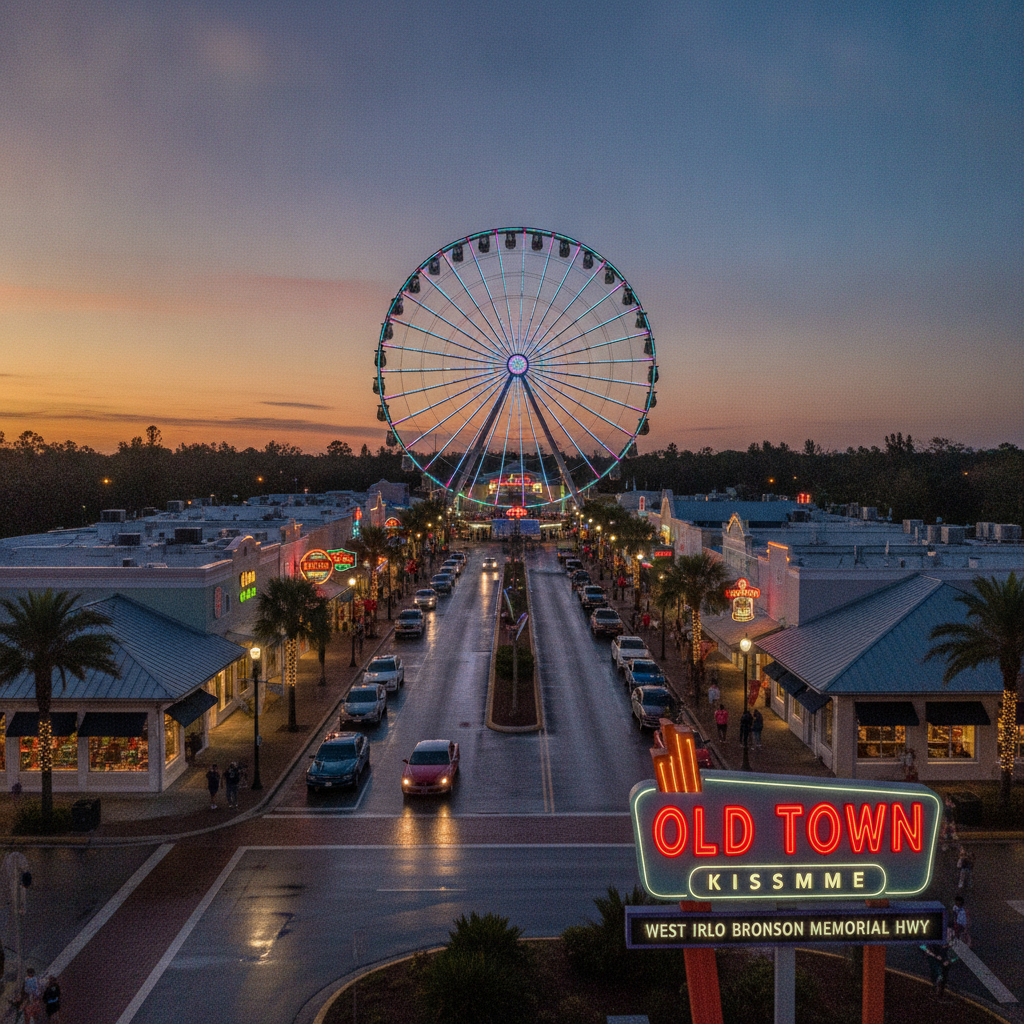 Old Town Kissimmee entertainment district on West Irlo Bronson Memorial Highway at dusk, with the Ferris wheel lit above the shops