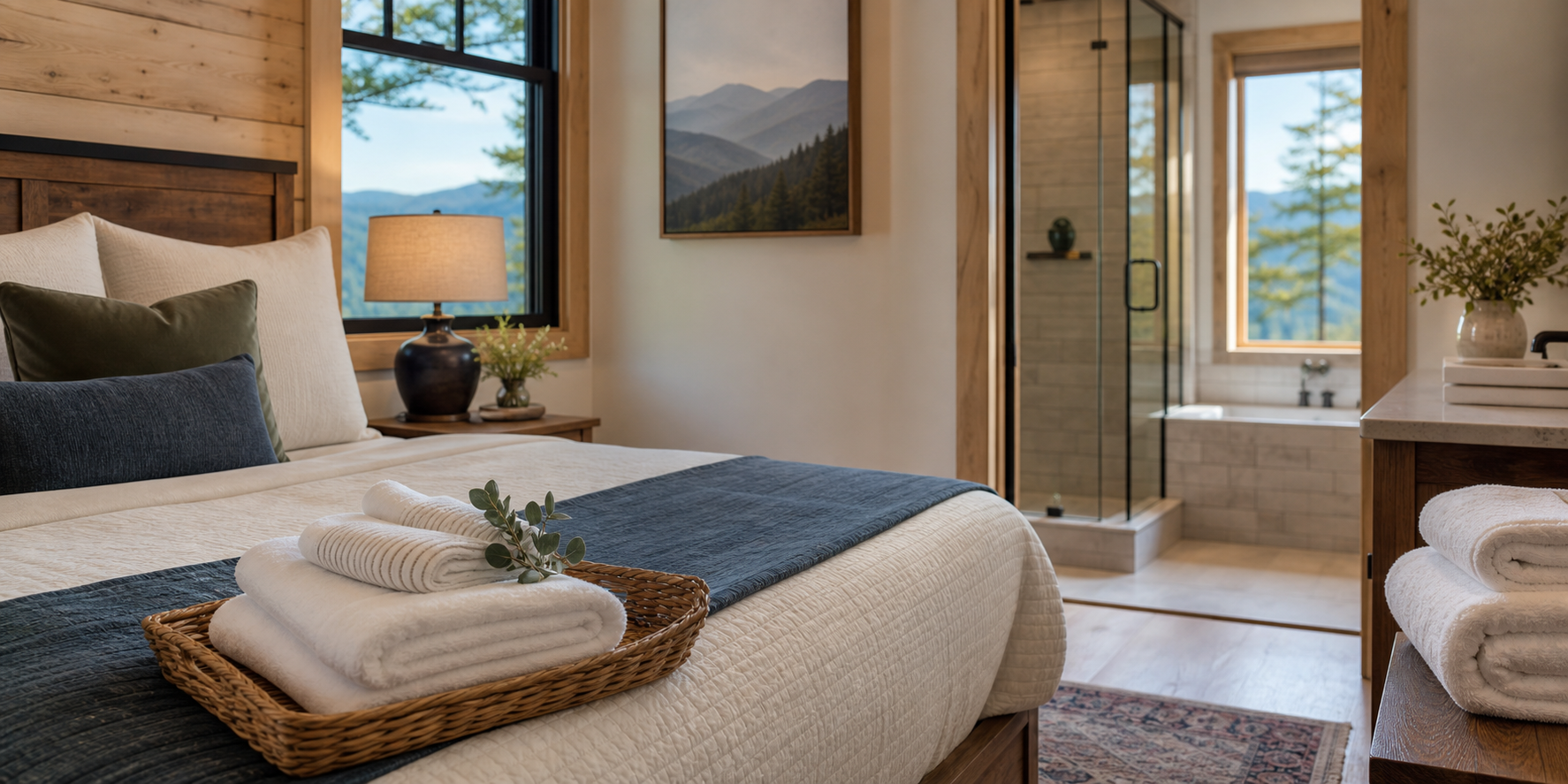Vacation rental cleaning standards with fresh linens, staged bedrooms, and guest-ready presentation.