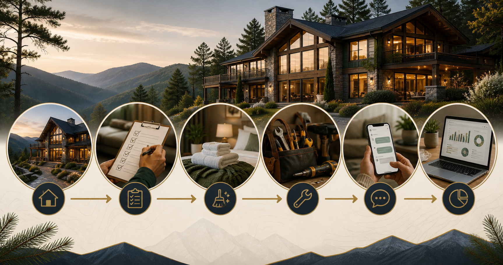 Property management process for High Country vacation rentals with local inspections, guest communication, maintenance, and owner reporting.