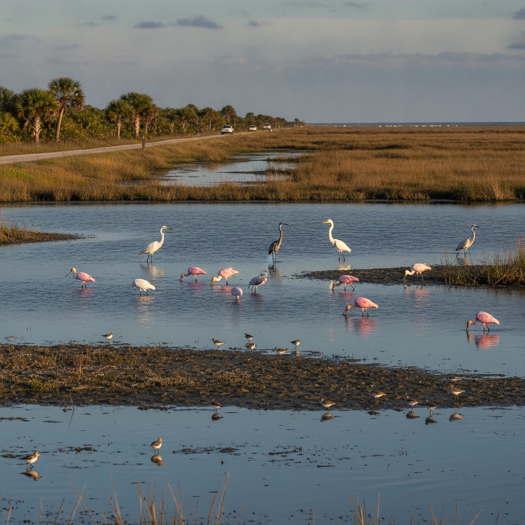 Wading birds in the shallow impoundments along Black Point Wildlife Drive, Merritt Island National Wildlife Refuge