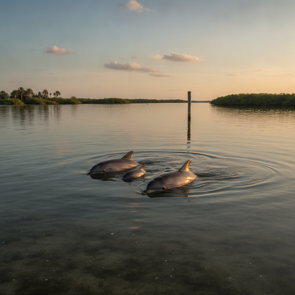 Bottlenose dolphins surfacing in the shallow Banana River Lagoon backwaters near Cocoa Beach, Florida, on a calm morning
