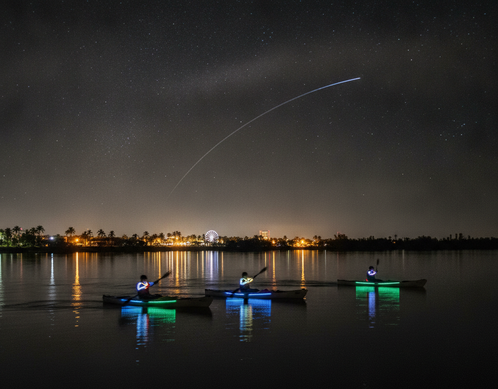 Kayakers paddling at night on the Banana River near Cape Canaveral, Florida, with dark water and a lit shoreline behind them