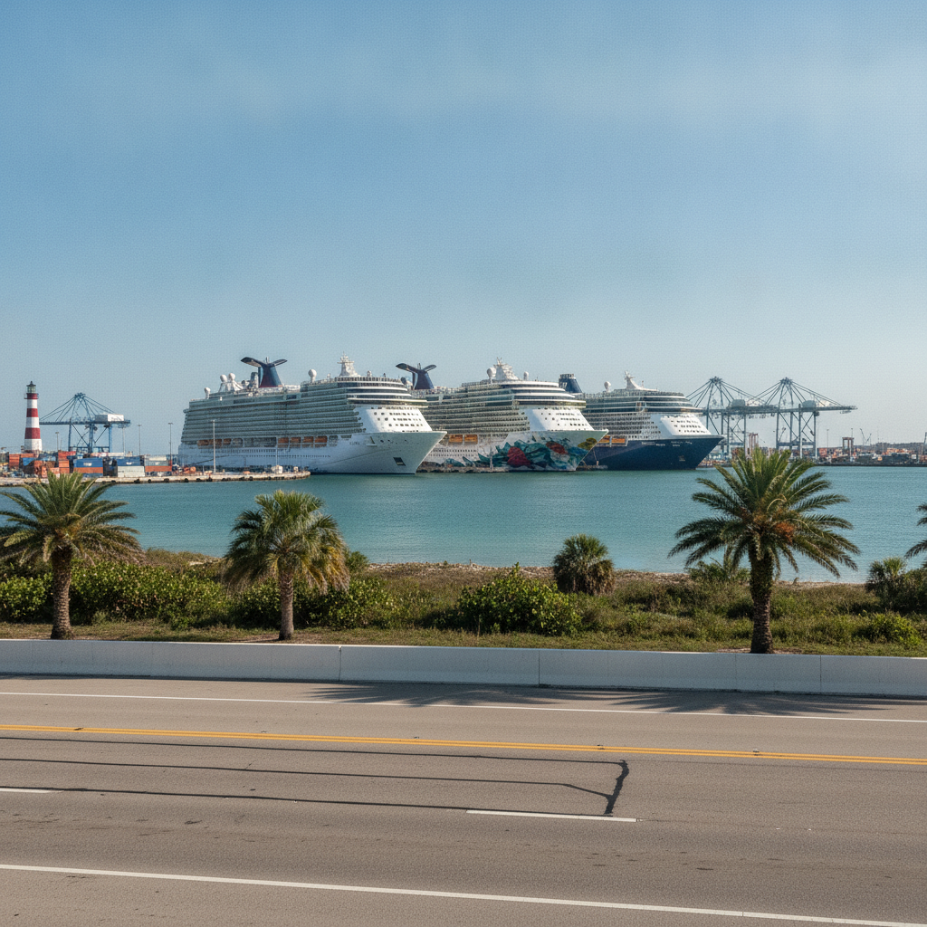 Cruise ships docked at Port Canaveral, Florida, seen from the roadside on a clear afternoon
