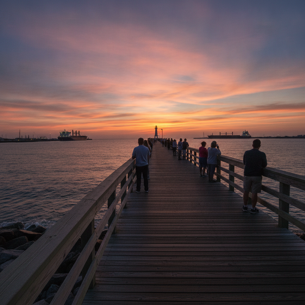 Jetty Park pier at Port Canaveral, Florida, with people watching the horizon at dusk