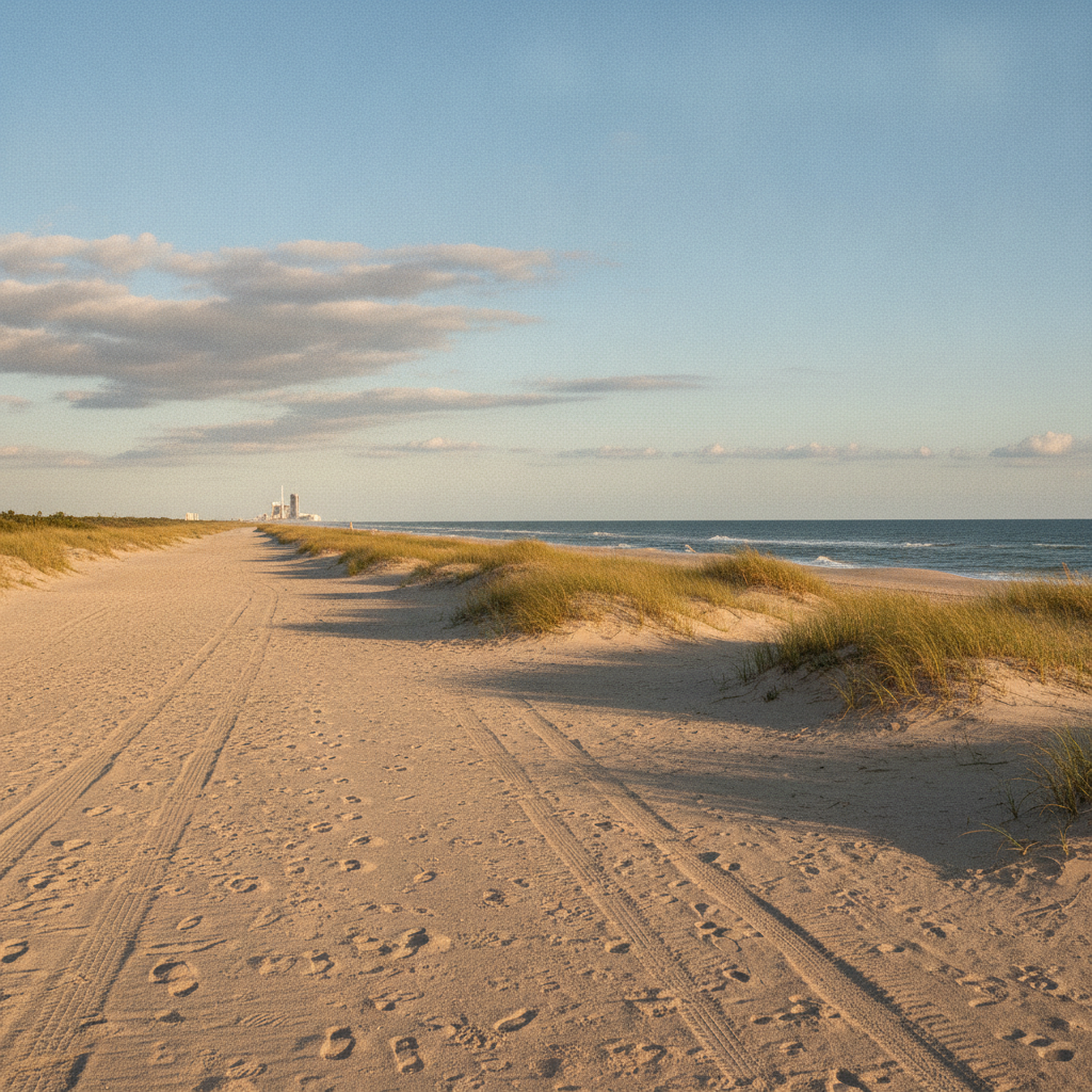 Hard-packed sand beach and low dunes at Cape Canaveral, Florida on a clear morning