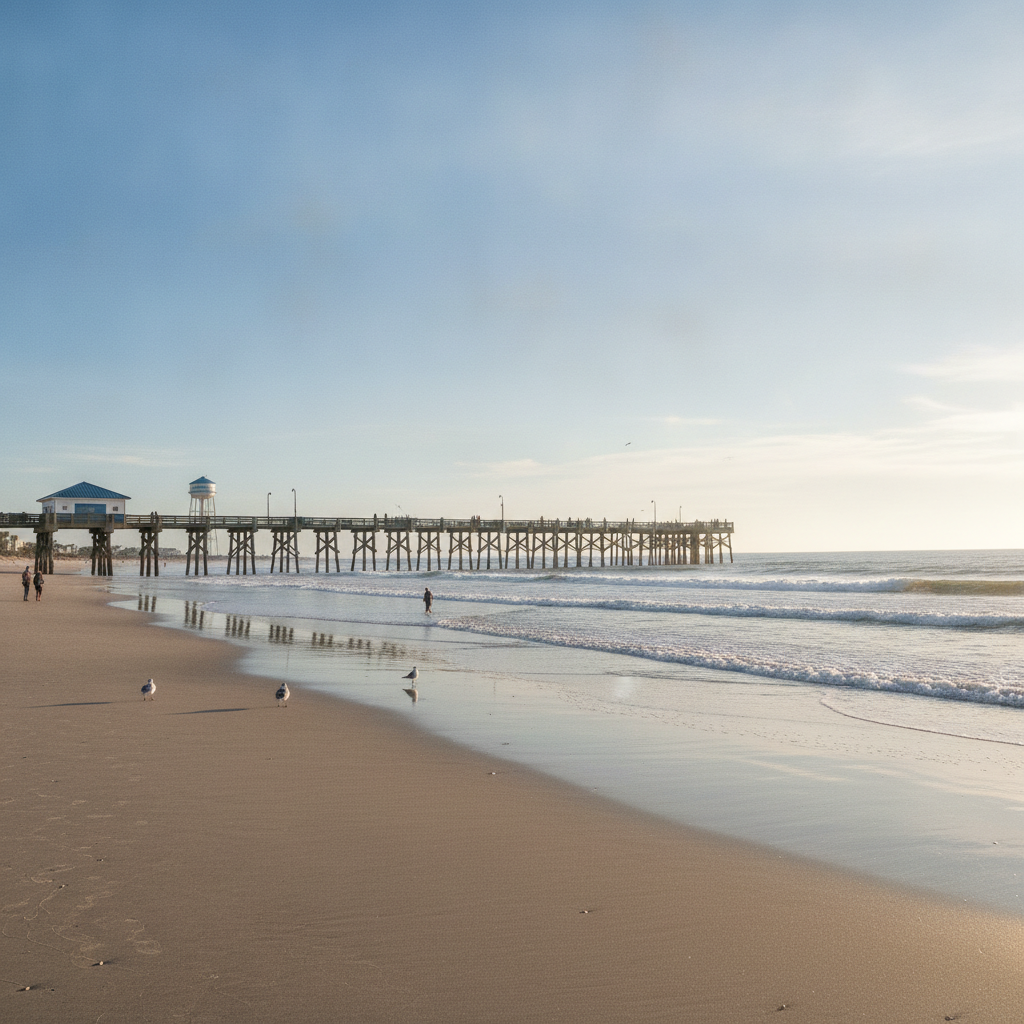 The St. Johns County Pier at St. Augustine Beach on Anastasia Island, seen from the sand on a clear morning