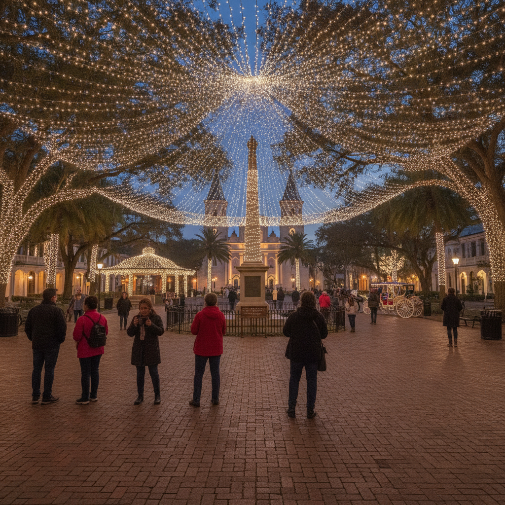 White holiday lights strung over the Plaza de la Constitucion in downtown St. Augustine on a December evening