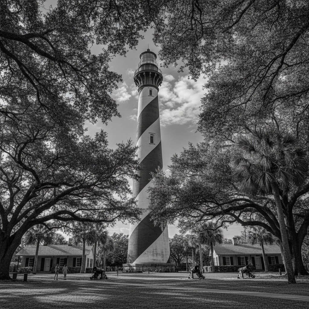 The black-and-white striped St. Augustine Lighthouse rising above the tree canopy on Anastasia Island, seen from the museum grounds