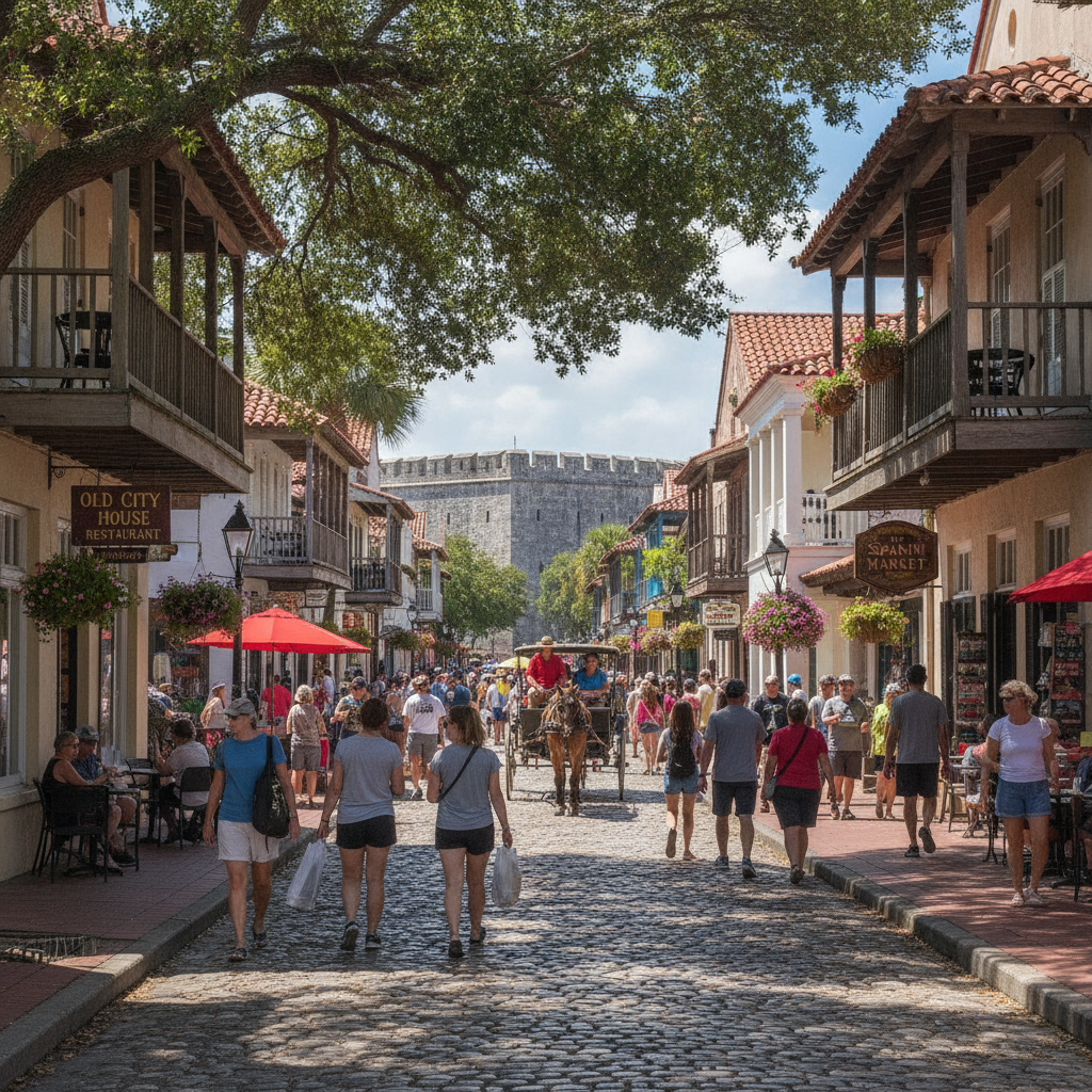 St. George Street in St. Augustine's historic district at dusk, with shops, galleries and pedestrians under second-floor balconies