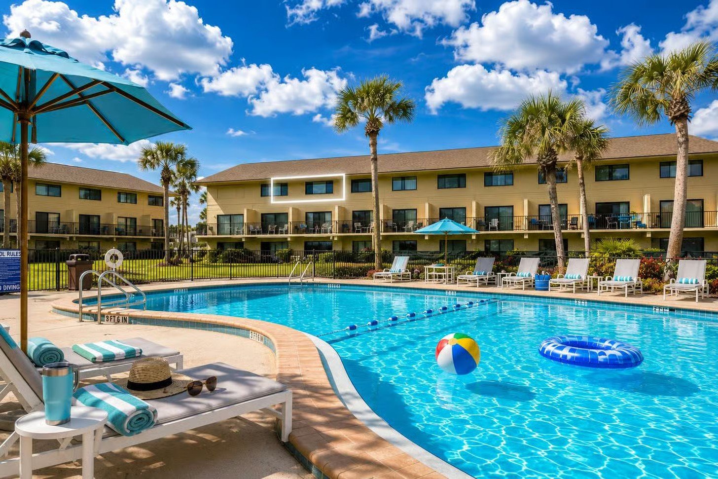 Beachfront condo complex pool with lounge chairs, palm trees and blue sky