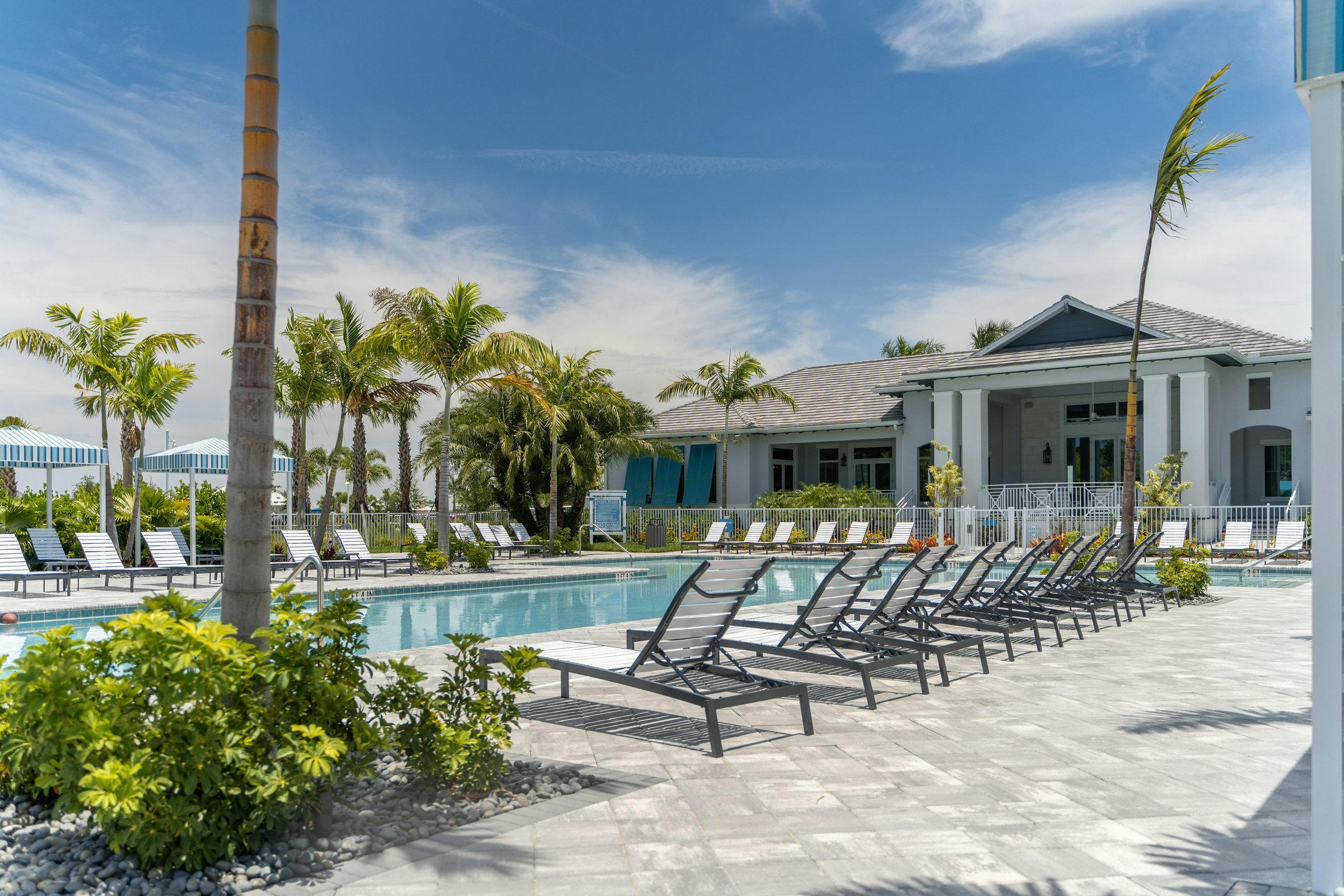 Swimming pool deck at a St. Augustine vacation rental on a sunny afternoon with lounge chairs and palms