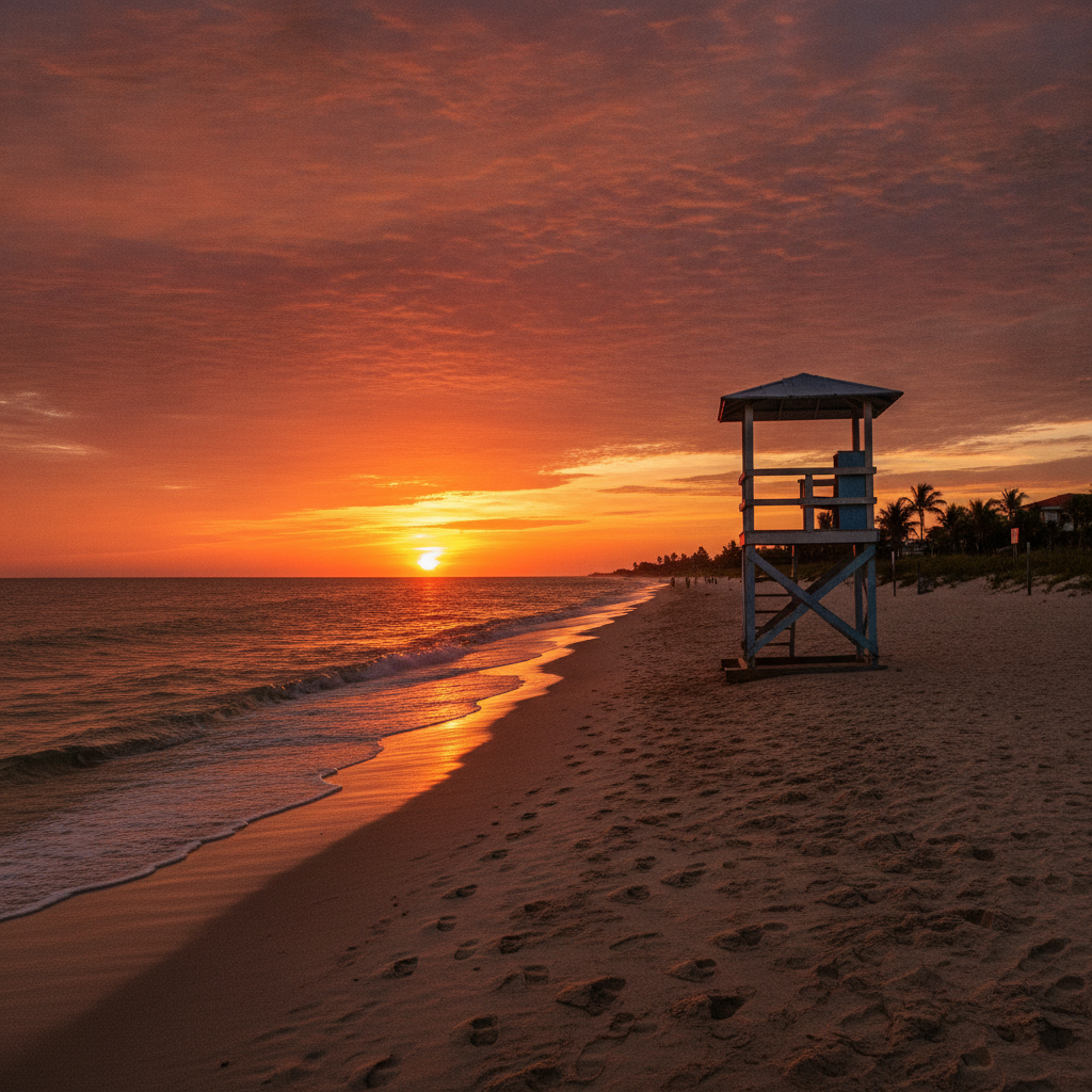 Nokomis Beach on Casey Key at sunset, with the Gulf water and the lifeguard stand in the evening light
