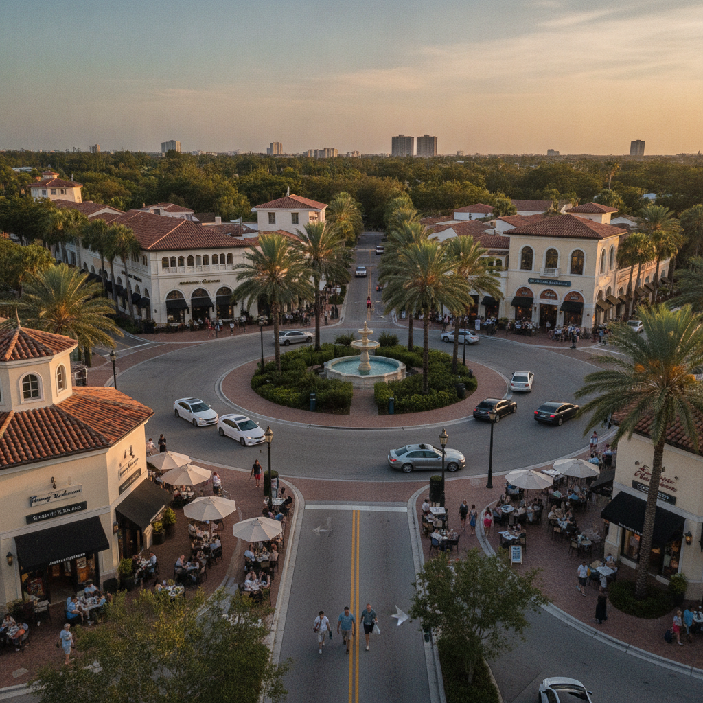 Shops and restaurants around St. Armands Circle on Lido Key in Sarasota, Florida