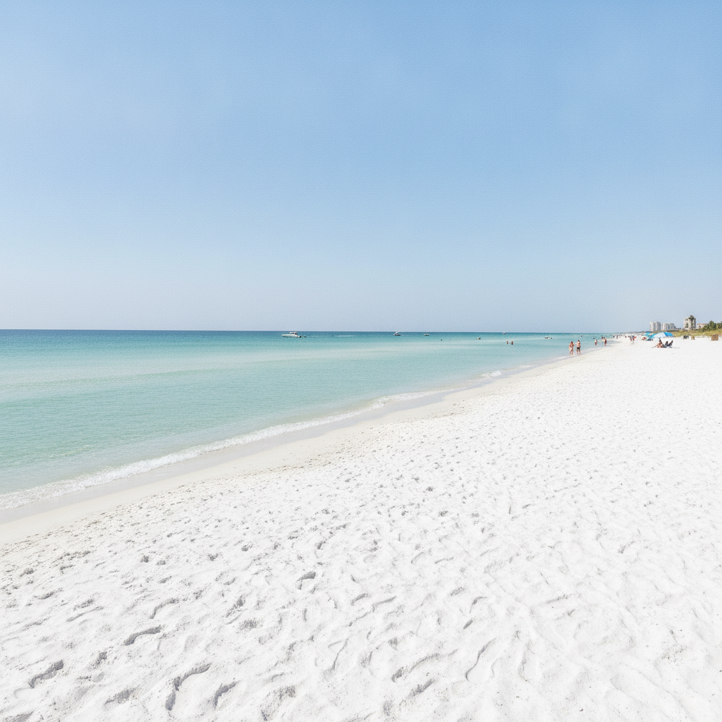 White sand and calm Gulf water at Siesta Key Beach near Sarasota, Florida, on a clear afternoon