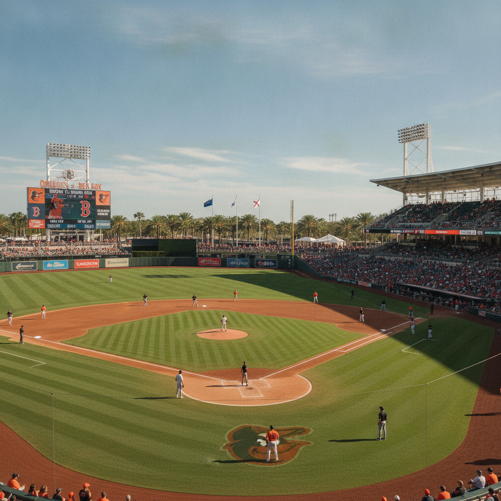 Ed Smith Stadium in Sarasota, Florida on a sunny March afternoon during Orioles spring training