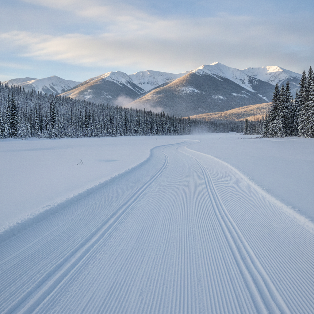 Snowmobile tracks crossing a groomed meadow in the Fraser Valley near Winter Park, Colorado, in winter