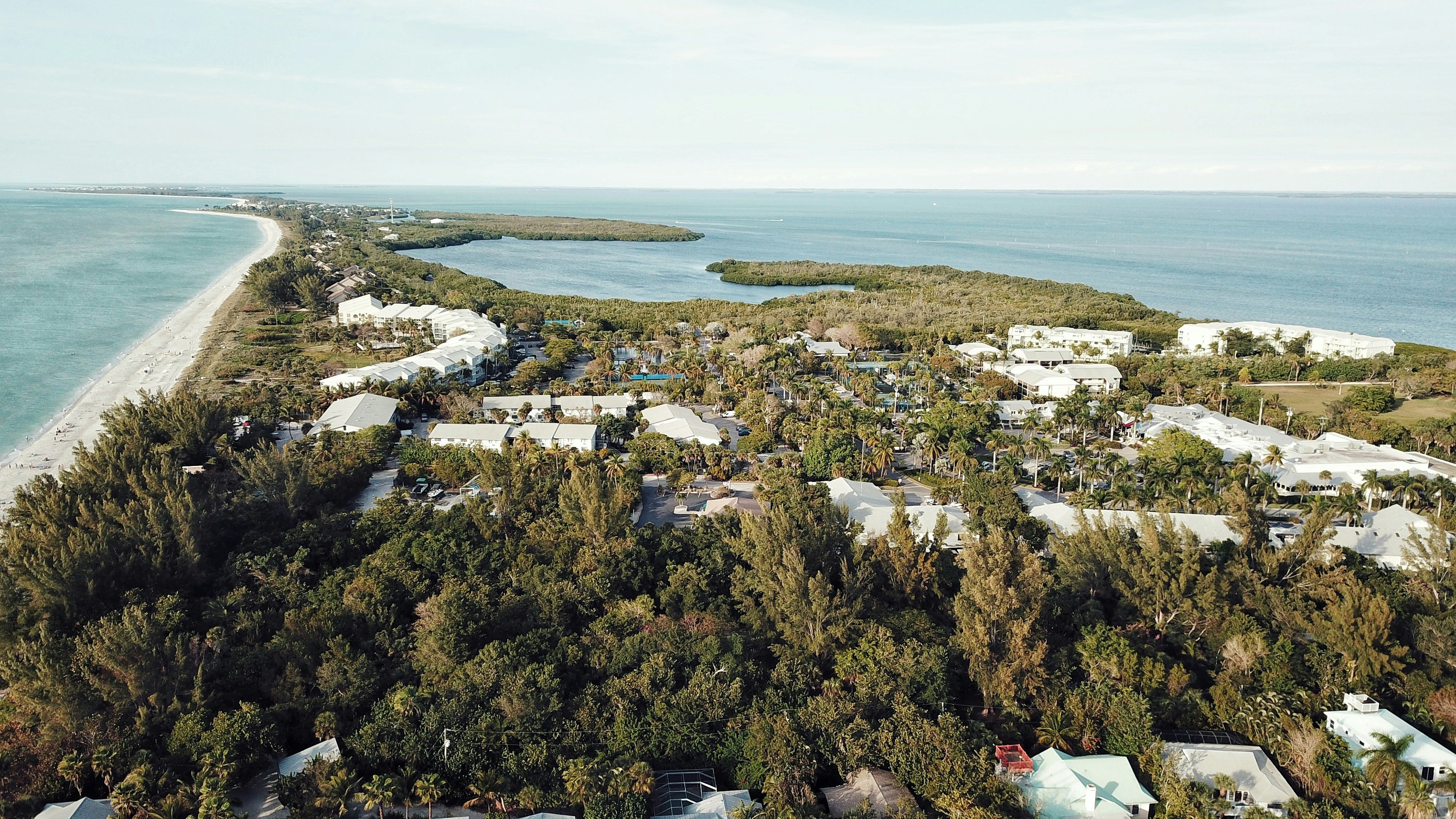 Aerial view of Anna Maria Island Florida showing Holmes Beach barrier island and Gulf waters
