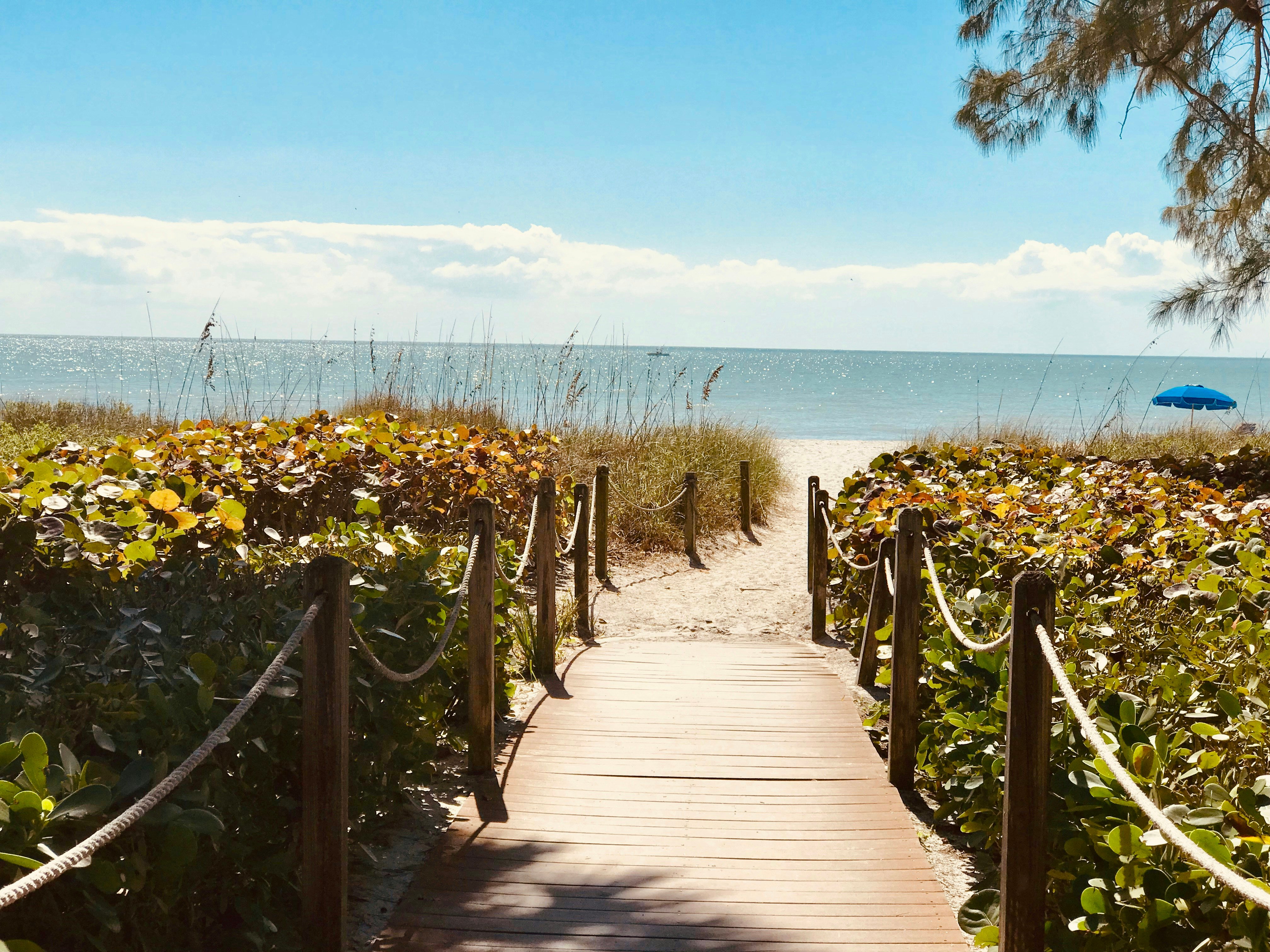 Wooden boardwalk path leading to a sunny Gulf beach near Bellair Beach, Florida