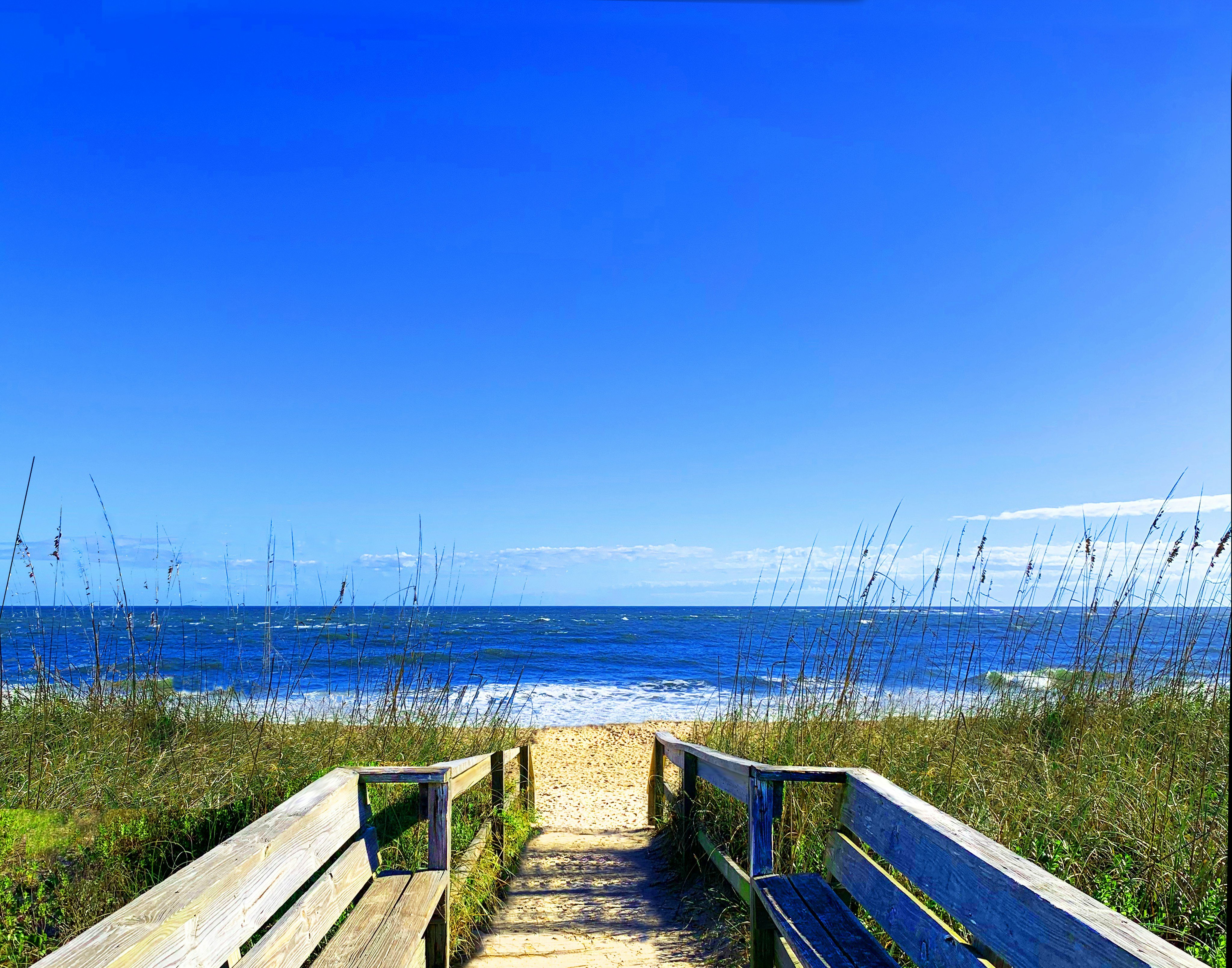 Sunny boardwalk path leading to the beach in Largo, Florida