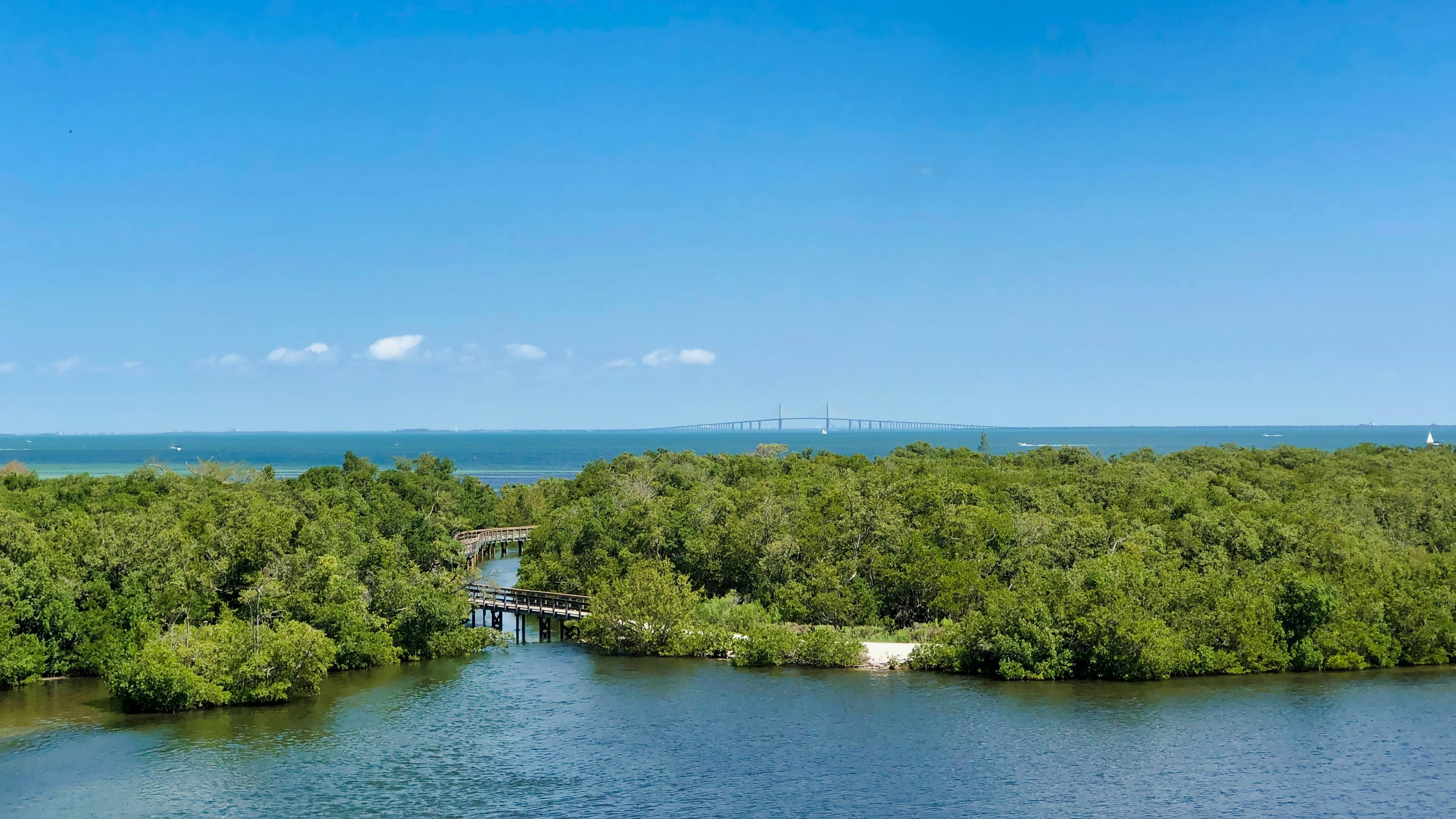 Aerial view of Bradenton Florida waterway and Sunshine Skyway Bridge