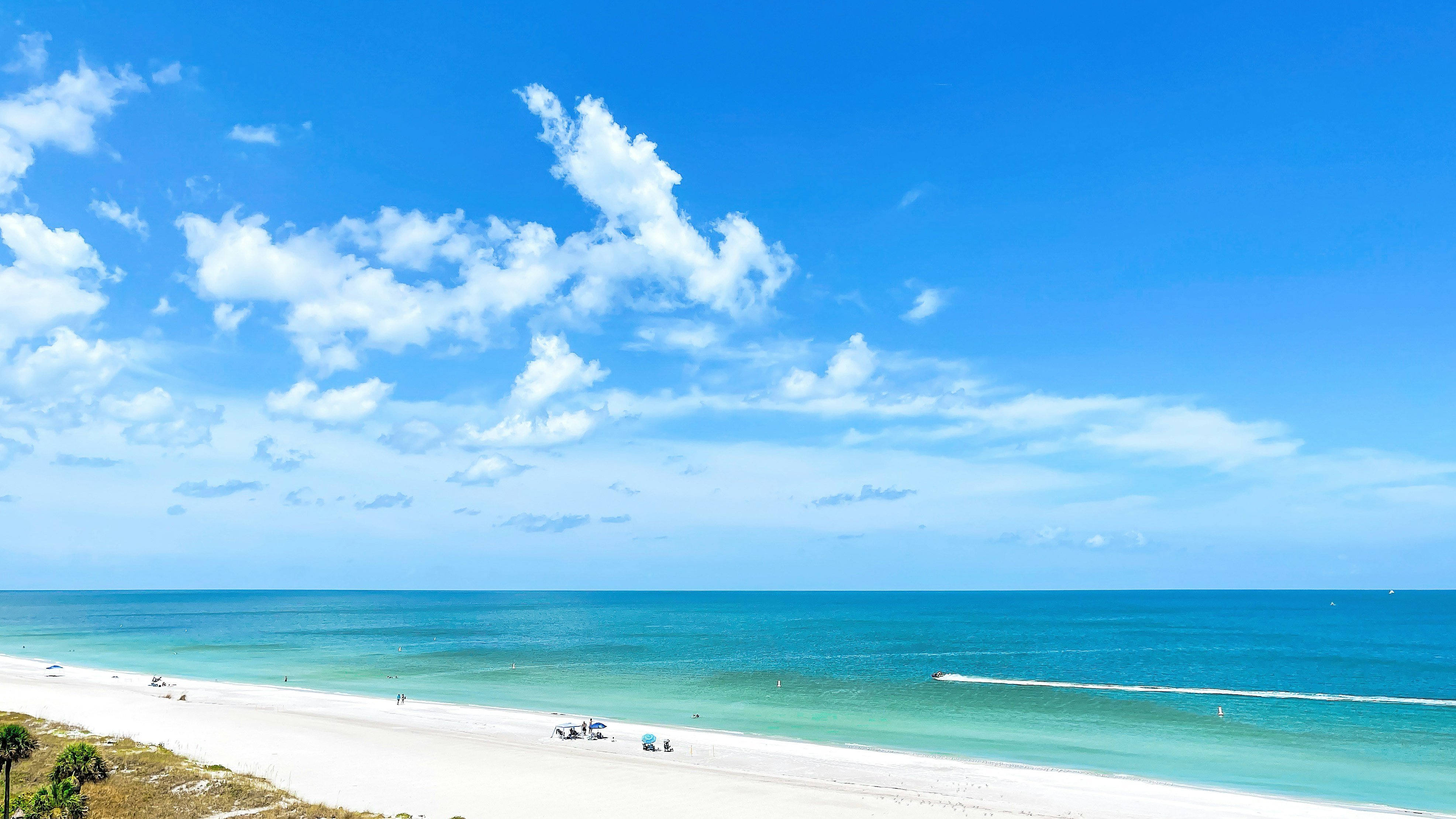 Aerial view of Clearwater Beach, Florida with white sand and turquoise water