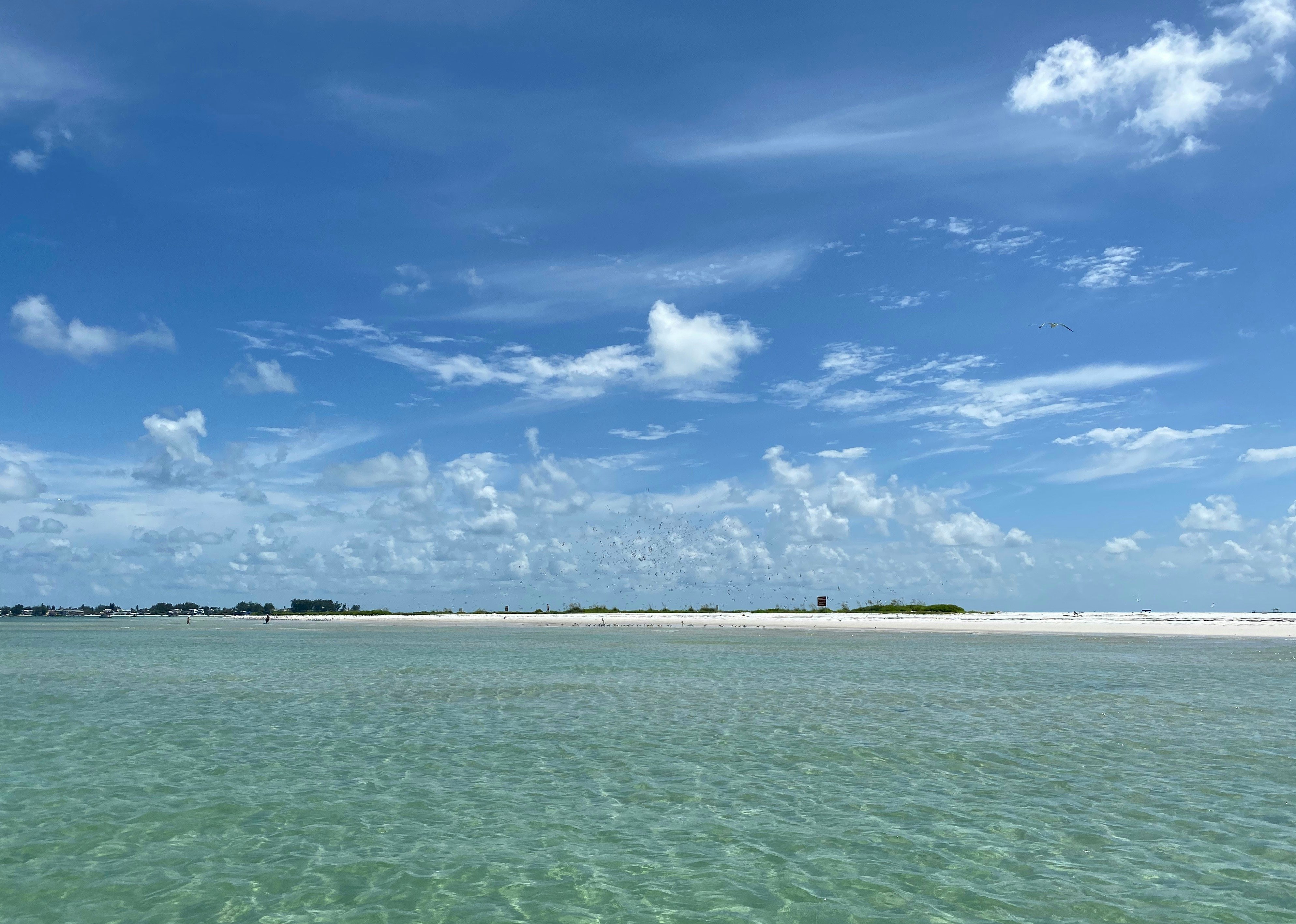 Shallow turquoise Gulf water and white sand bar near Bradenton Beach, Florida