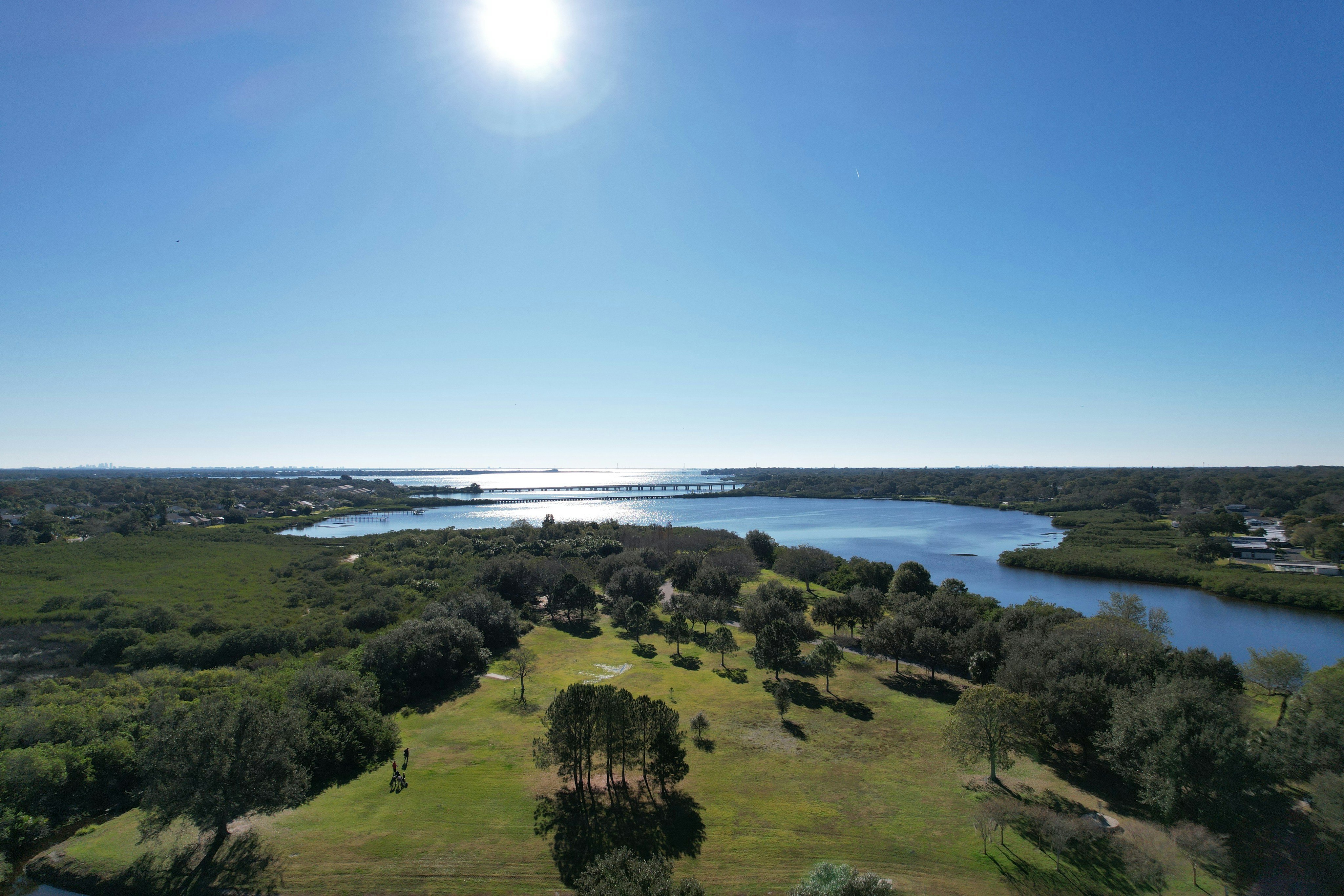 Aerial view of Tampa Bay waterway near Bradenton, Florida with bright blue sky