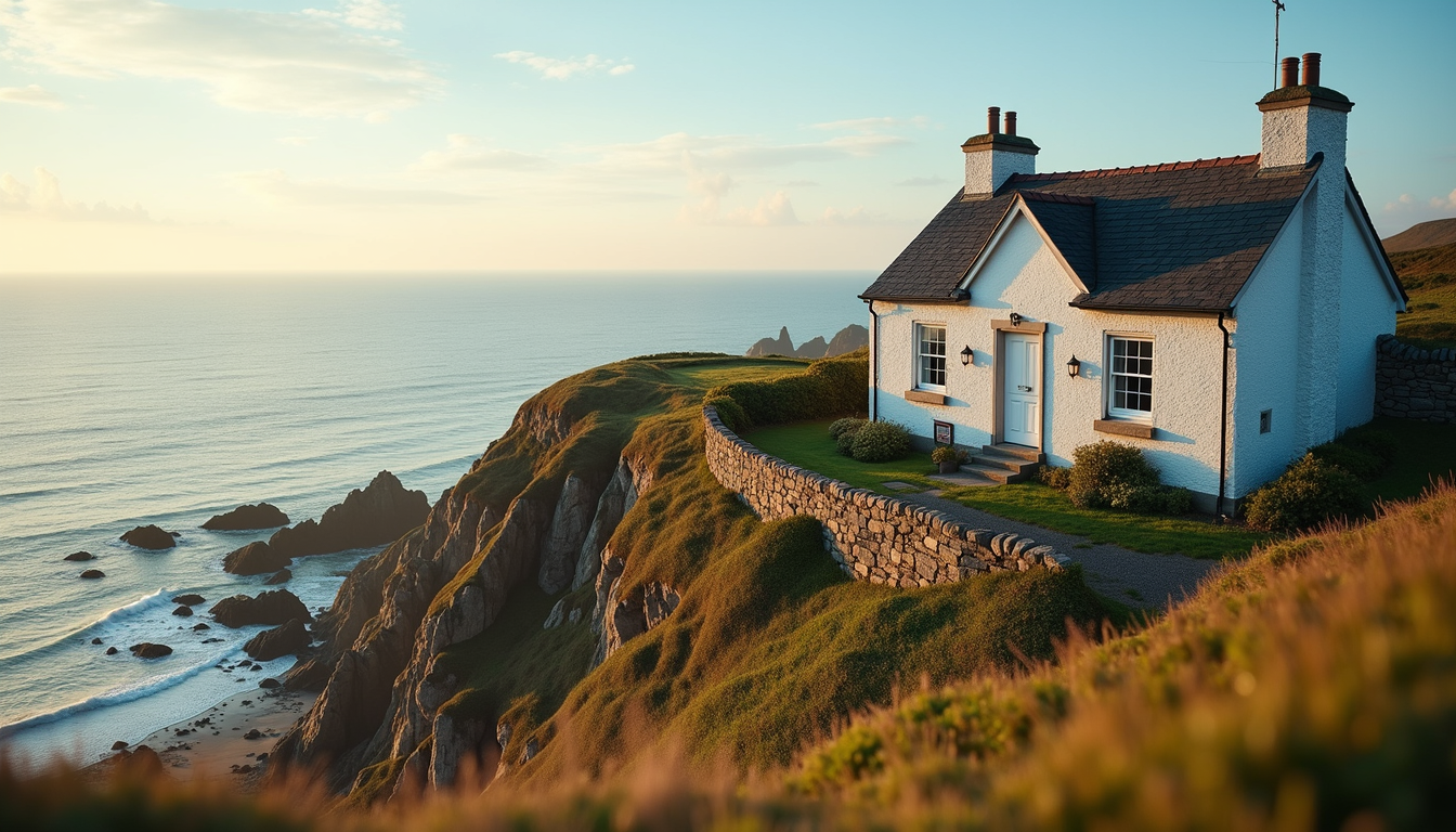 High angle view of a picturesque coastal cottage
