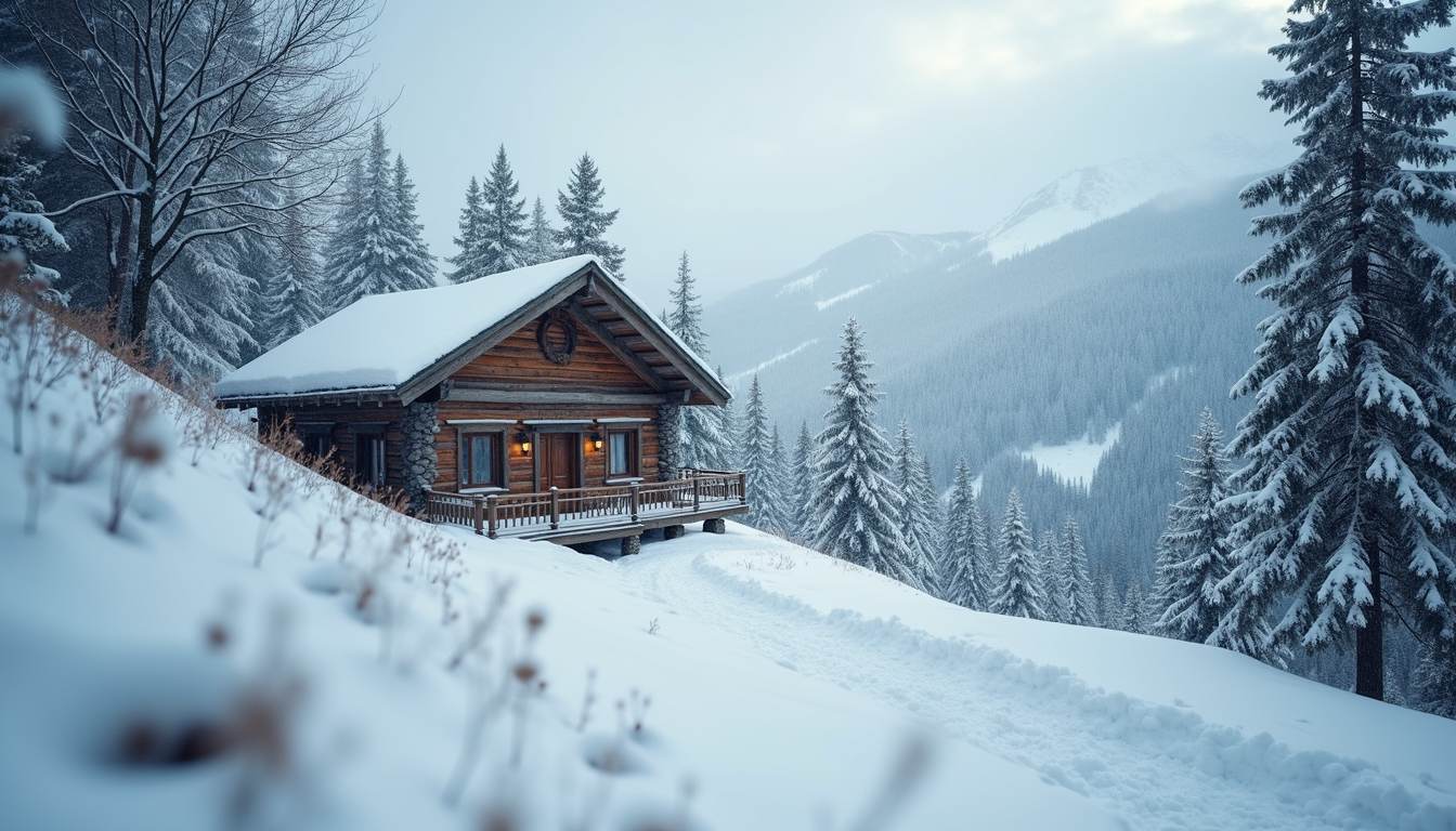 Eye-level view of a mountain cottage during winter