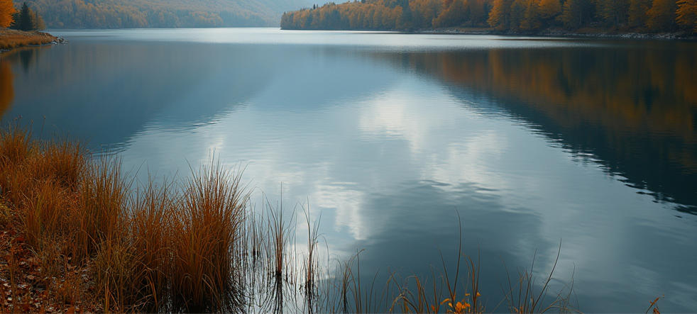 High angle view of a stunning lake surrounded by autumn foliage