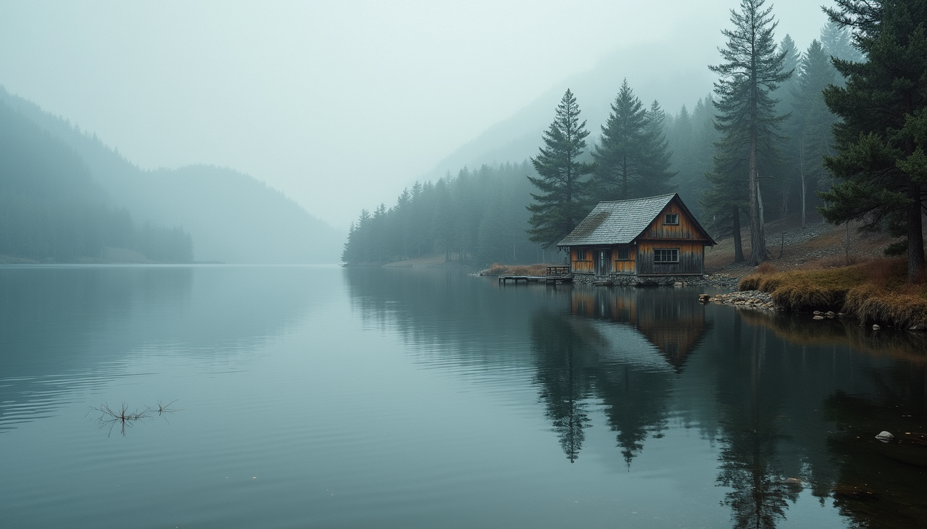 Eye-level view of a tranquil lake with a cottage nearby