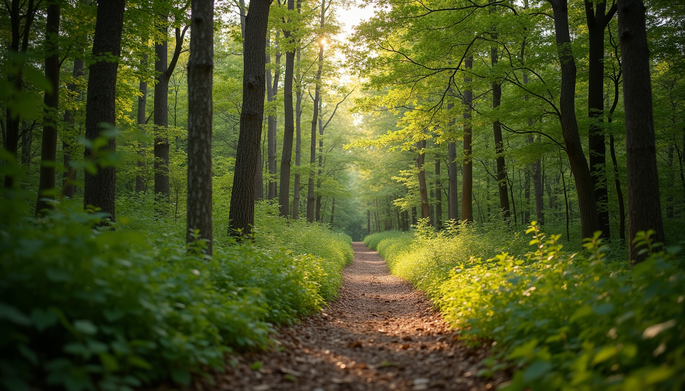 Eye-level view of a tranquil hiking trail through Ontario woods