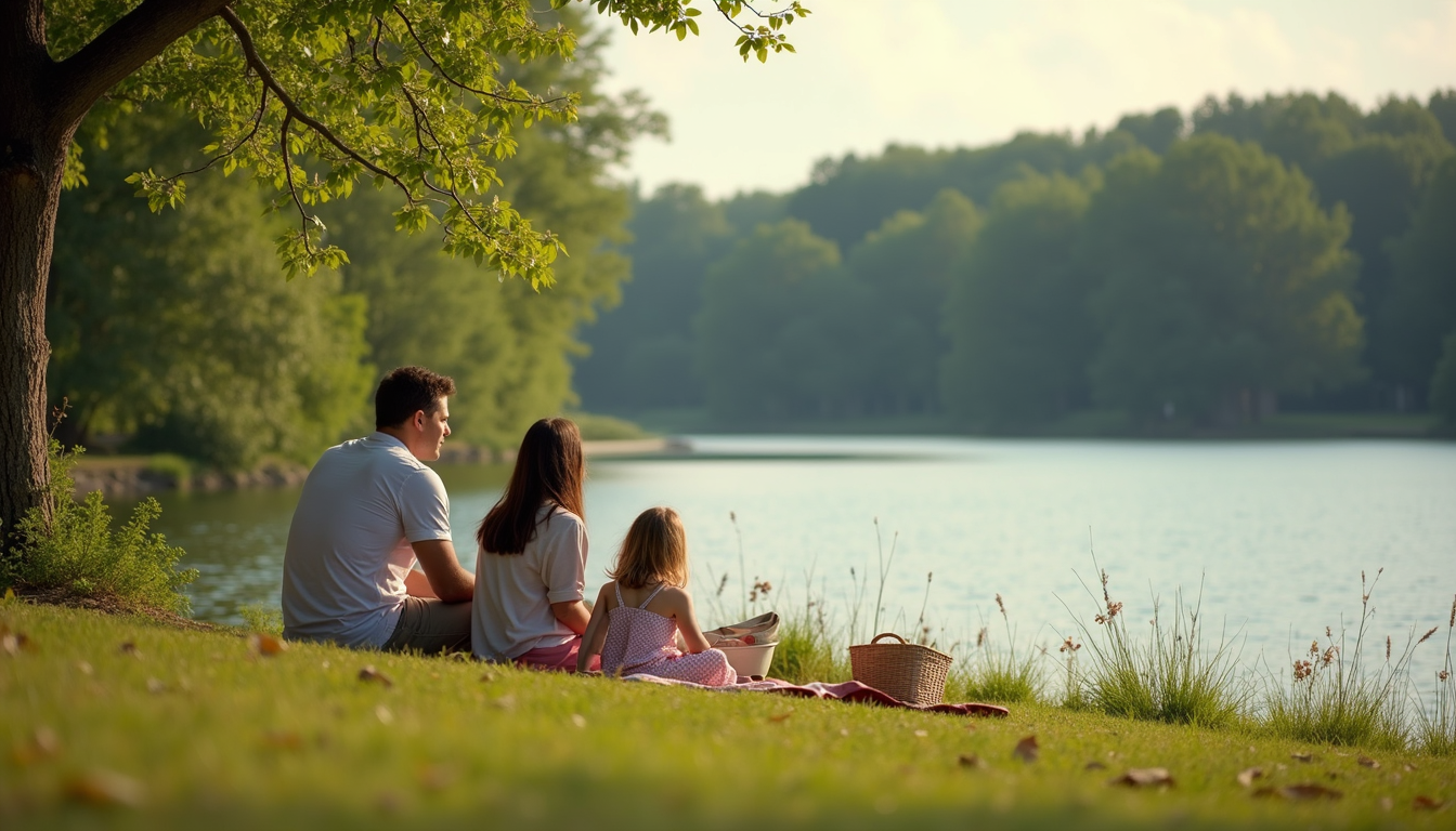 High angle view of a family enjoying a picnic by the lake