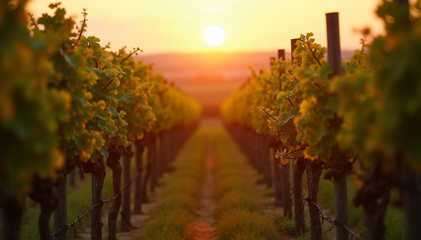 Eye-level view of a vineyard at sunset