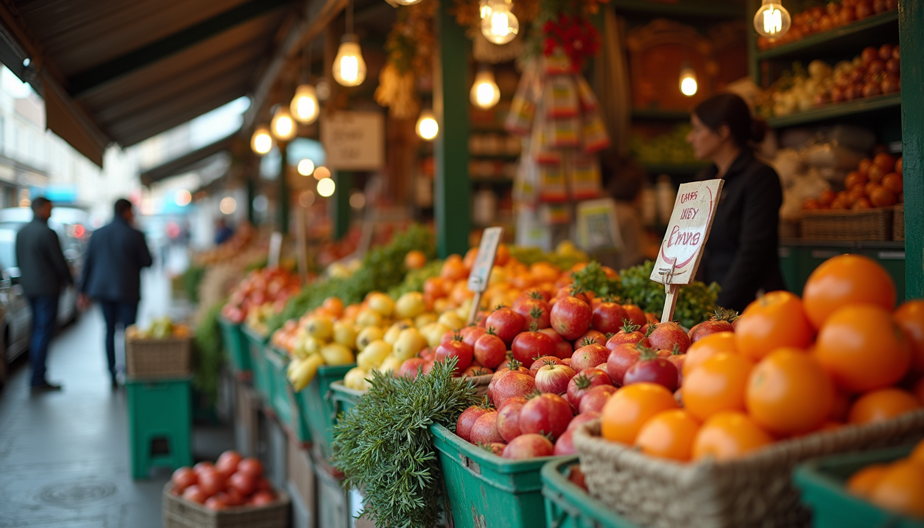 Wide angle view of a fresh produce stand at a local market