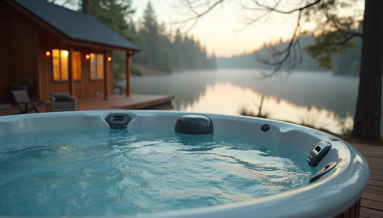 Close-up view of a hot tub on a cottage deck overlooking a lake