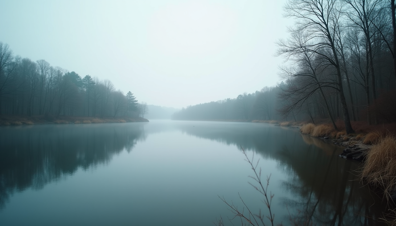 Wide angle view of a serene lake surrounded by trees