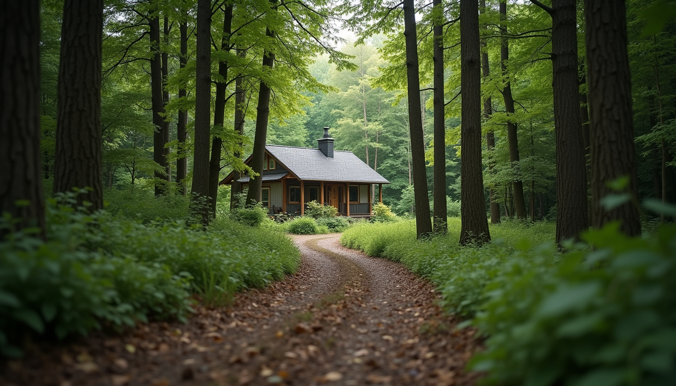 Wide angle view of a forest trail leading to a cottage