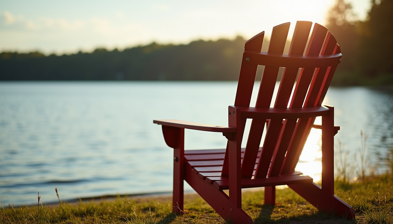 Close-up view of a Muskoka chair on the shore of a lake