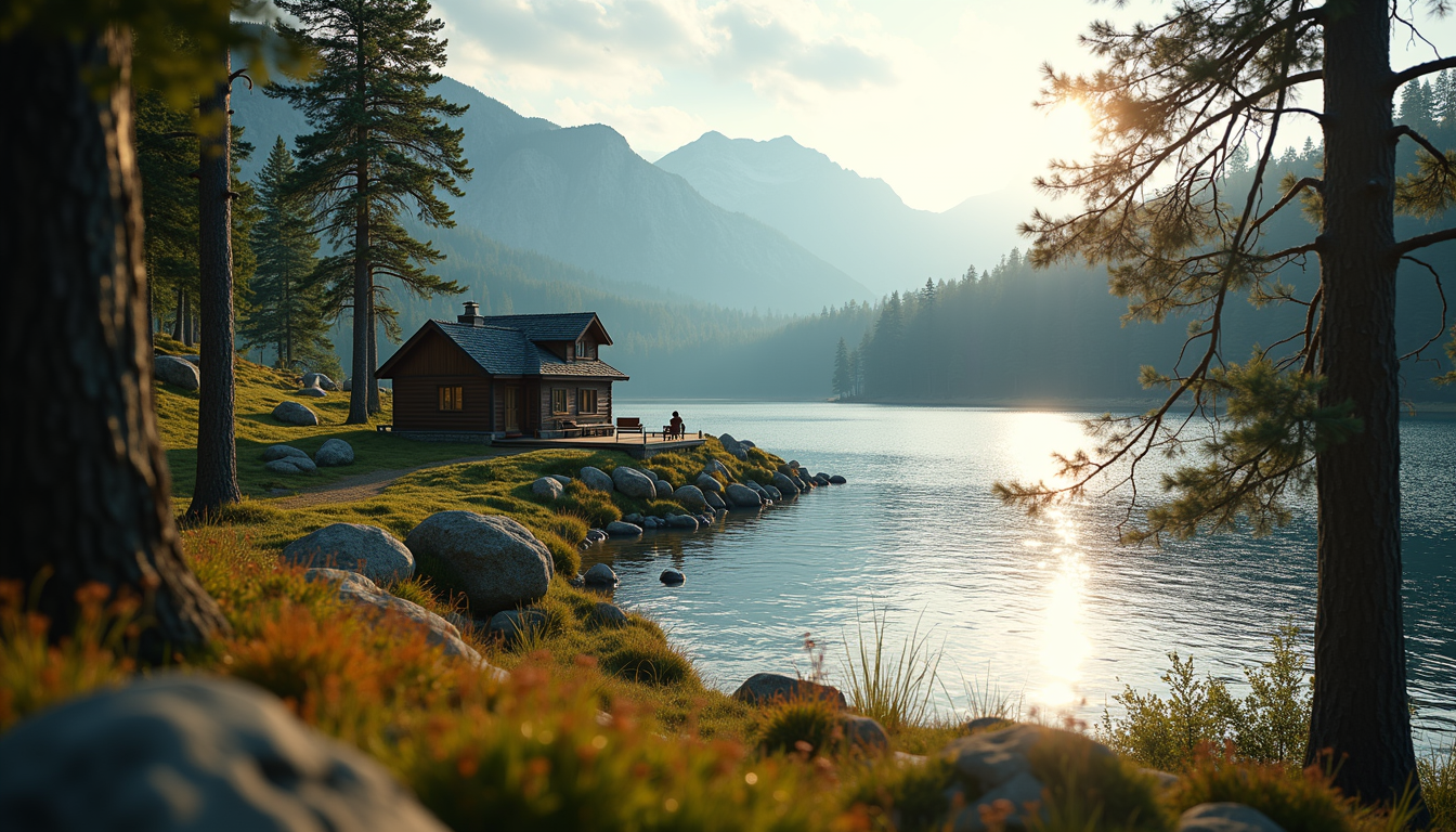 Close-up view of a cozy cottage by the lake with pine trees