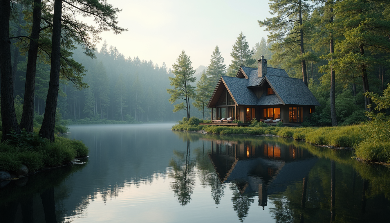 Wide angle view of a luxury cottage nestled in a forest near a lake