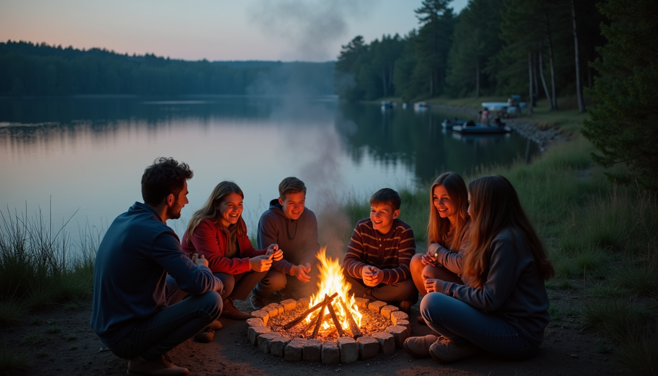 High-angle view of a family gathering by a lakeside fire