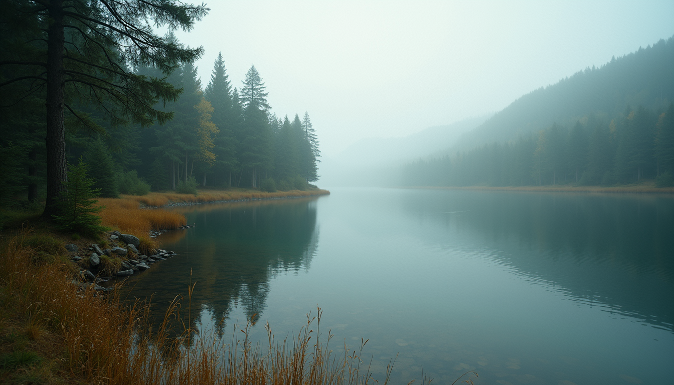 Wide angle view of a scenic lake surrounded by forest
