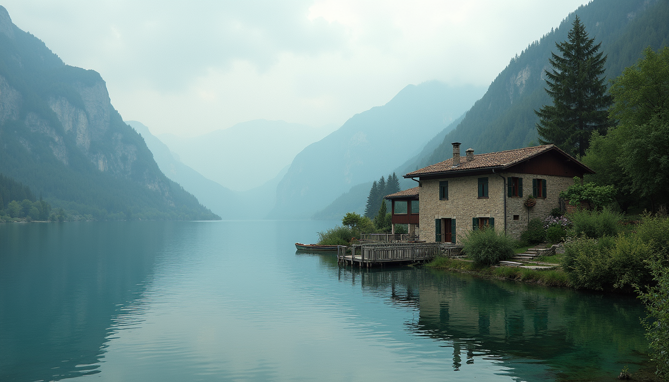Wide angle view of a lakeside cottage in Italy