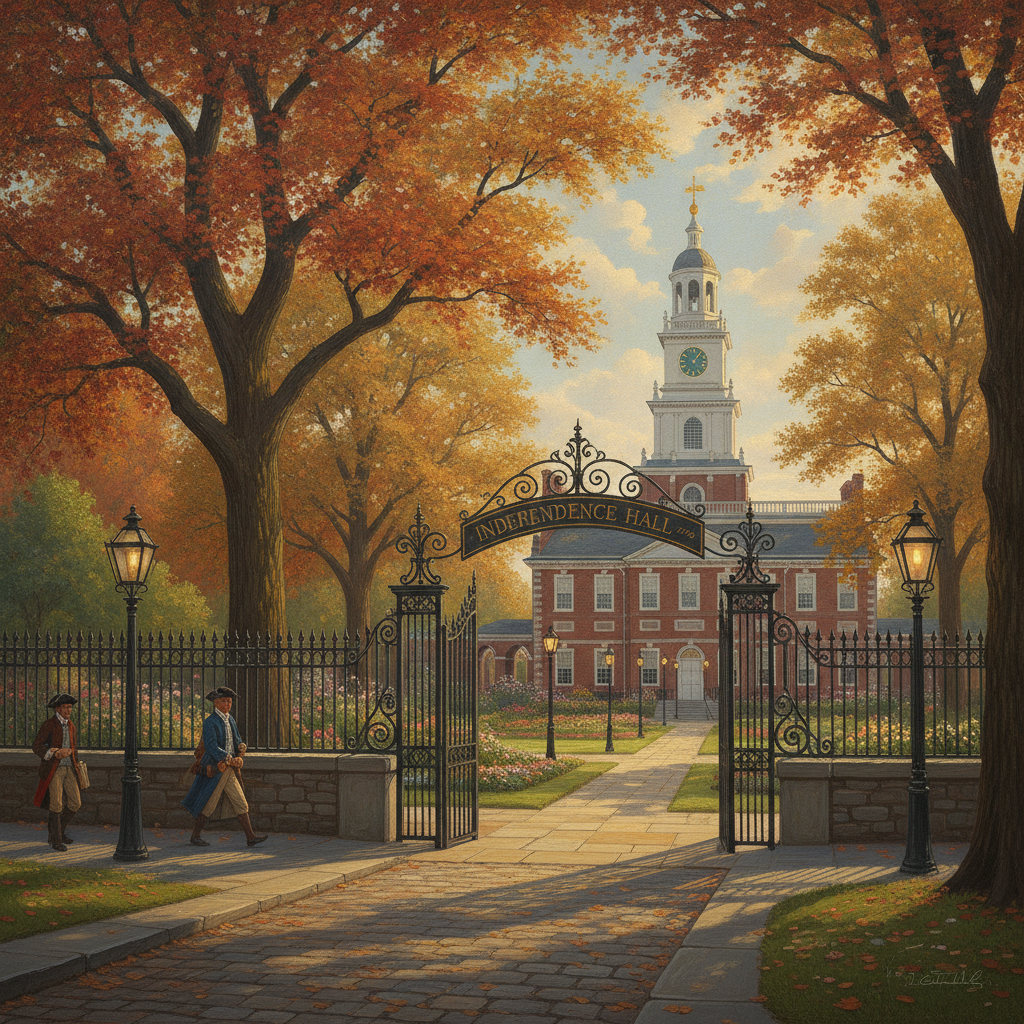 Independence Hall brick facade and clock tower seen from Chestnut Street in Philadelphia on a clear autumn morning