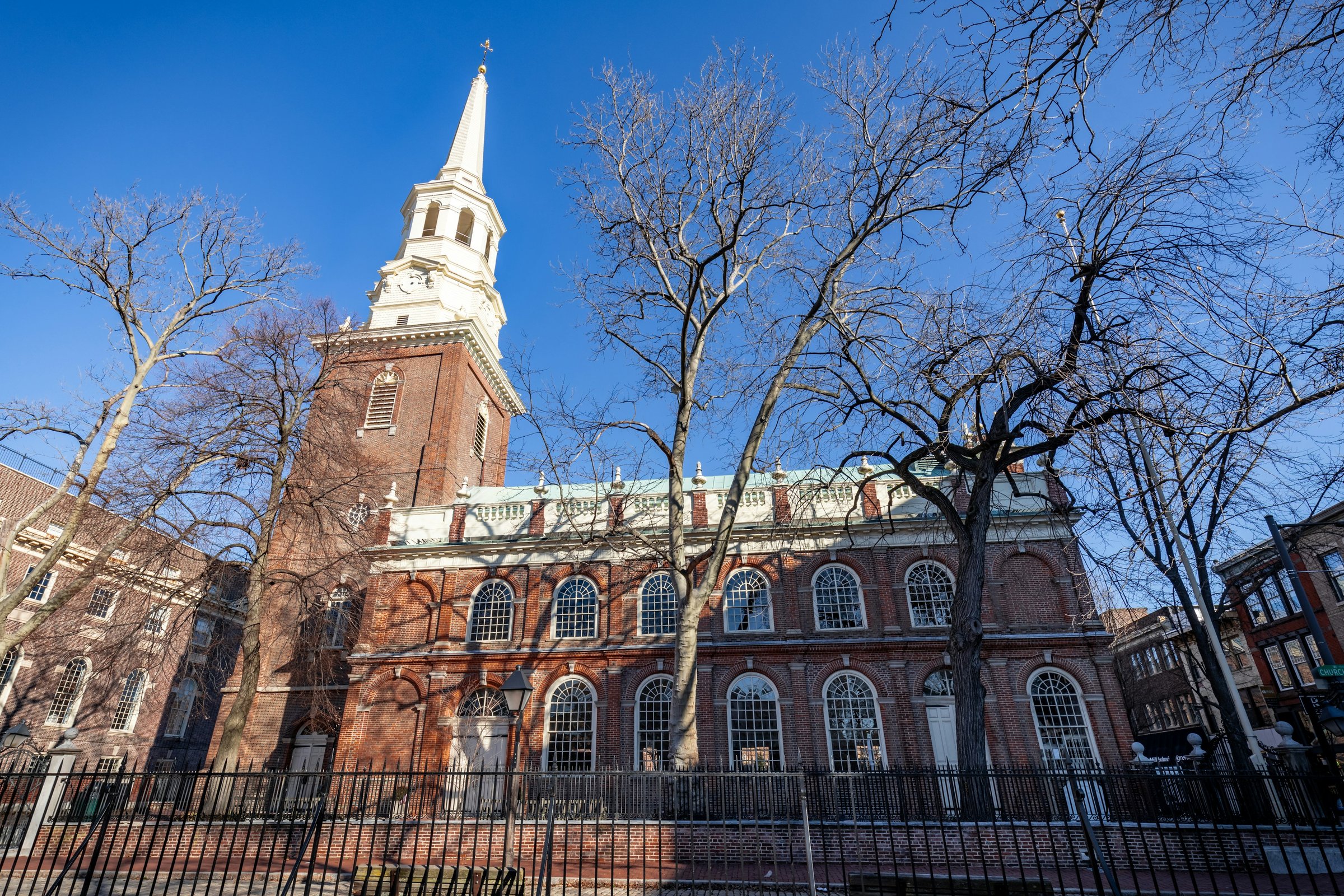 Independence Hall in Old City Philadelphia on a cold clear winter morning with bare trees
