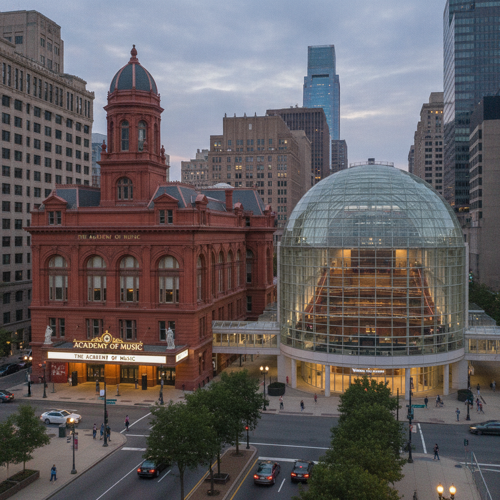 The Academy of Music and Kimmel Center along South Broad Street, Philadelphia's Avenue of the Arts, at dusk with theatre-goers on the sidewalk