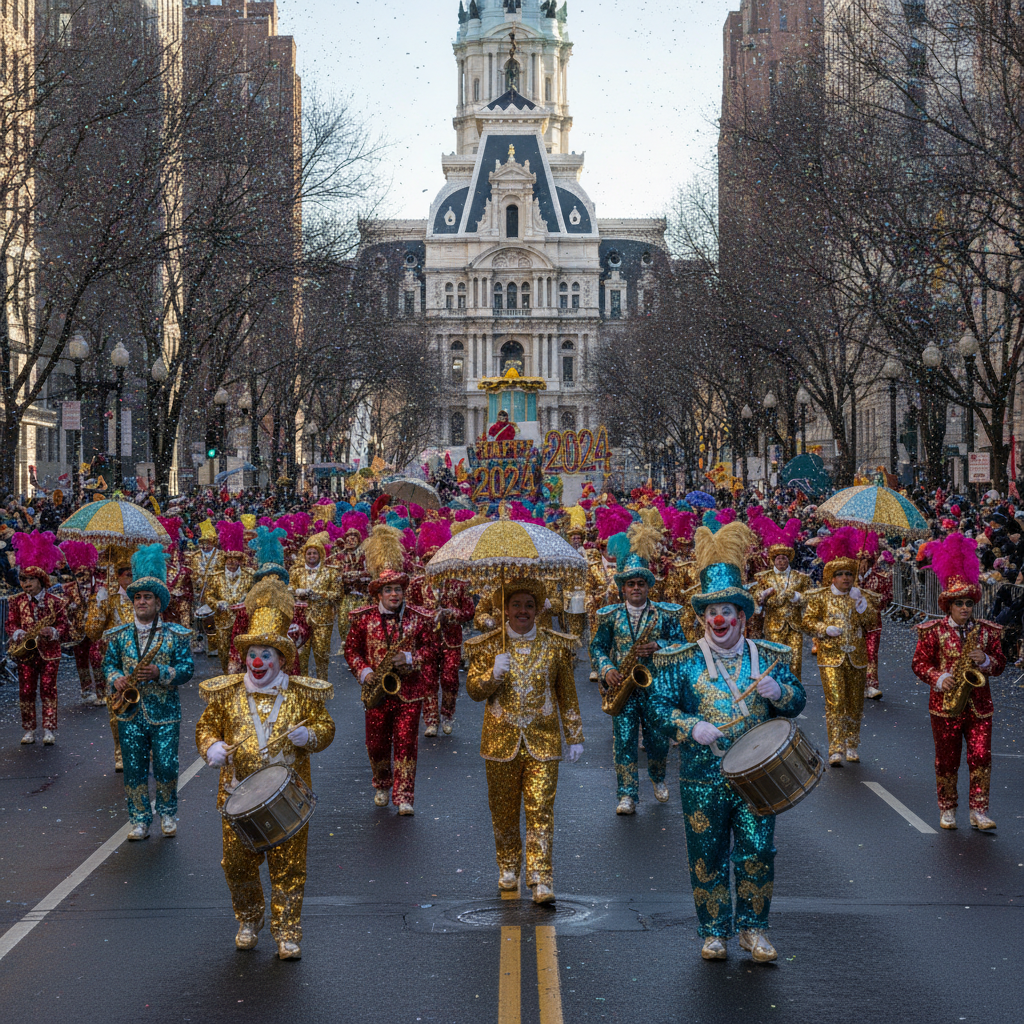 Mummers in sequined costumes strutting south on Broad Street past City Hall in Philadelphia on New Year's Day